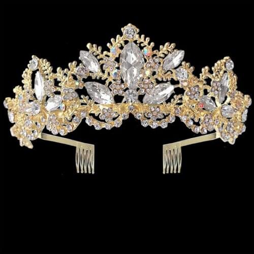 Golden Crystal Tiaras Vintage Rhinestone Pageant Crowns with Comb Baroque Bride Crown Wedding Hair Jewelry Accessories