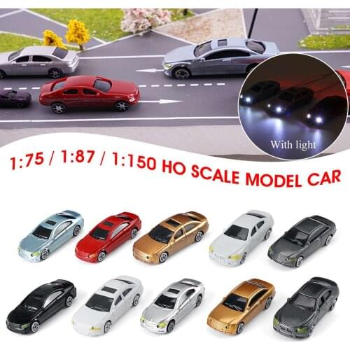 10Pcs/set 1:75 HO Scale Mini Toy Car Model with Lights Diecast Car Simulation Vehicle Plastic Toys Sand Table Model Accessories