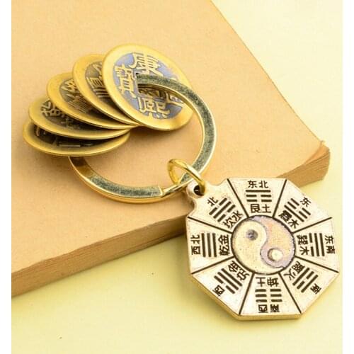 2021 HOT SALE Brass Fortune Chinese Feng Shui Antique Coins Keyring Good Fortune Soild Gourd Keychain Wealth Success Jewelry