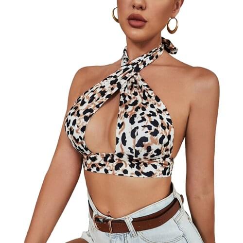 2021 Fashion Sexy Leopard Print Halter Lady Camisole Tops Women Sleeveless Backless Bandage Tank Top Crop Top Streetwear