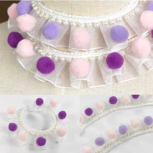 5Yards DIY Lace Trim White Pink Organza Ruffle Lace Tirm Pearl Pom Pom Skirt Lace Fabric Decoration Clothing Materials