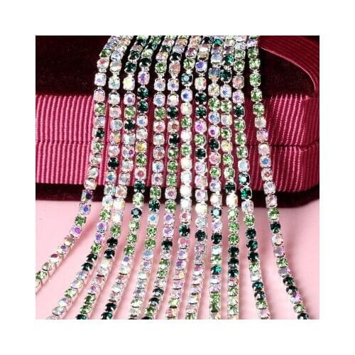 5yard/piece Mix green color Glass Crystal sew on rhinestones Chain silvery bottom Diy Clothing accessories SIJISHUIZUAN