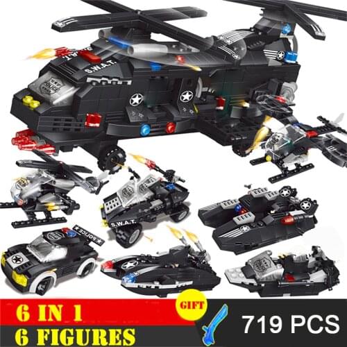 719 PCS 6 IN 1 Plice City Compatible Car Toys Building Blocks Children Gift Aircraft Helicopter Truck Bricks Model Boys Toy