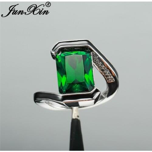 White Gold Black Enamel Rectangle Green Stone Rings For Men Women Boho Female Male Crystal Zircon Wedding Engagement Ring Cz