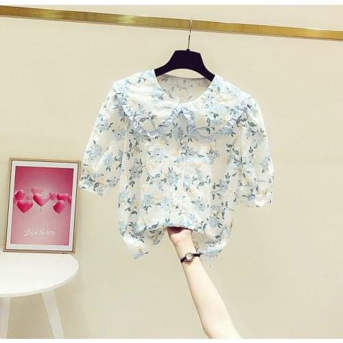 Floral Blouse for Women 2021 Summer New Fashion Peter Pan Collar Shirt Female Embroidery Puff Sleeve Blusas Sweet Top