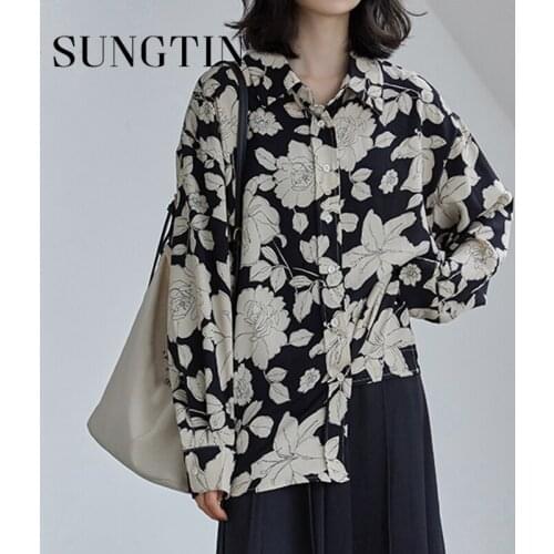 Sungtin Casual Print Korean Blouse Shirt Women Vintage Flowers Oversize Shirts Female Soft Elegant Tops Chic Streetwear 2021 New