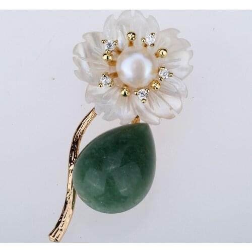 Yacq Womens Freshwater Pearl Aventurine CZ White Shell Flower Luxury Pin Brooch Pendant 2-in-1 Handmade Jewelry Gifts for Her
