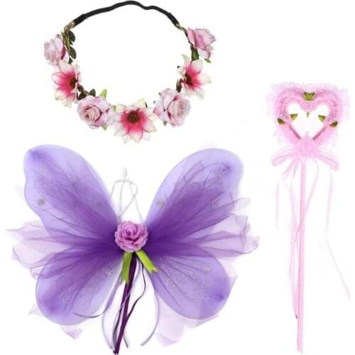 Kids Girl Princess Fairy Butterfly Costume Wings Gift Festival Pixie Cosplay Flower Fairy Headdress magic wand