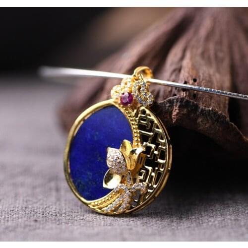 FNJ 925 Silver Pendant for Jewelry Women Original Pure S925 Sterling Silver Pendants Natural Lapis Flower Gold Color