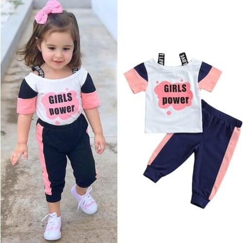 FOCUSNORM 0-5Y Summer Kids Girls Casual Clothes Sets Letter Printed Off Shoulder T Shirts Tops Long Pants 2pcs