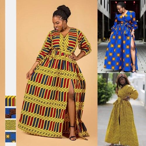Hot Selling African Style Digital Printing Womens V-neck Sexy Long-sleeved Dress with Split Zipper and Large Swing Dress