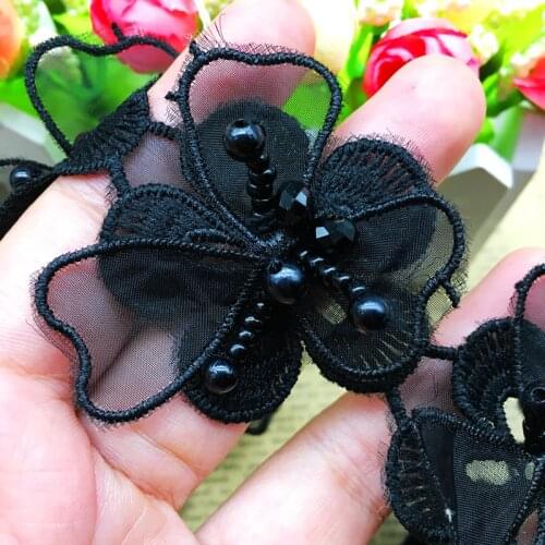 GXINUG 1 Yd 5CM Black Beaded Flower Lace Fabric Chiffon Embroidered Trim Ribbon DIY Applique Sewing Craft Wedding Dress Clothes
