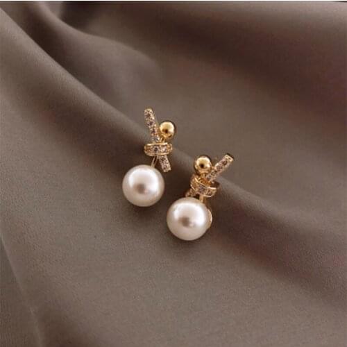 Metal Trendy Women Dangle Earrings Bow Pearl Earrings Simple Small Earrings 2020 New Fashion Earrings Female Jewelry