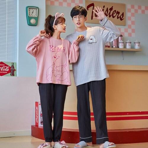 Cute Cartoon Pajama Boy Girl Pullover Long Sleeve Trousers Casual Couples Lovers Jammies Round-Neck Nightwear Pyjamas 6535cotton