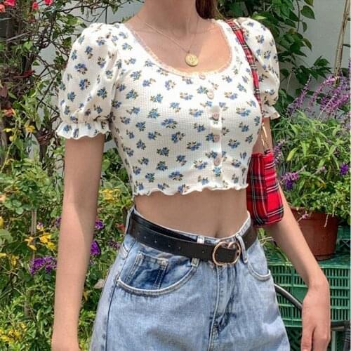 Kpop laciness sweet girls t shirts 2020 female mujer street casual harajuku tees croptop elegant little floral slender