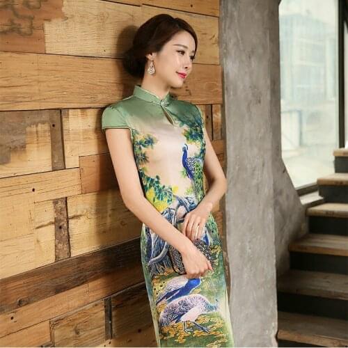 The Fashioon Short Sleeve Silk Qipao Traditional Chinese Dress Womens Clothing Cheong-sam with Printing Scenery China Dress