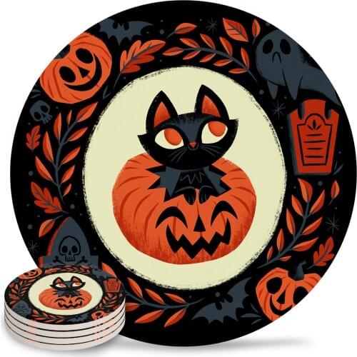 Happy Halloween Round Coaster Set Non-slip Heat Proof Ceramic Coffee Drink Coasters Table Decoration Placemats