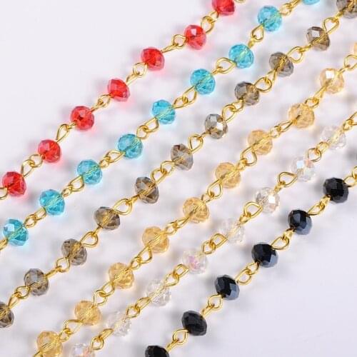 5 Strands Unwelded Rondelle Glass Beads Chains Golden Iron Eye Pin Neckalces Bracelets Making Glass Beads: 6x4mm 1m/strand