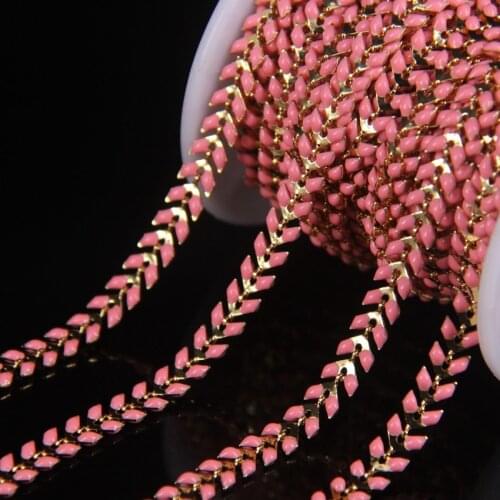 Plated Gold Rosary Chains Pink Lampwork Arrow Shape Beaded,Chevron Enamel Glass Link Copper Chain Necklace Crafts Jewelry Bulk