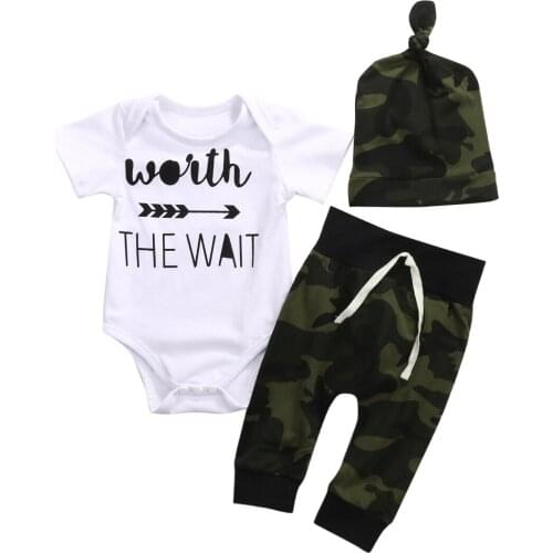 Hi Hi Baby Store Newborn Baby Infant White Short Sleeve Arrow Romper Long Camouflage Pants Hat Organza 3pcs