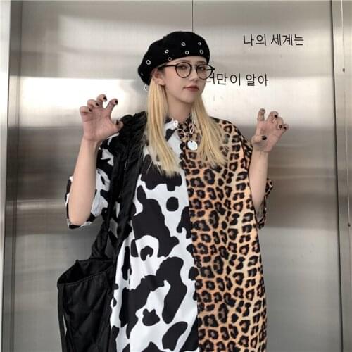 Summer New Men And Women Loose Short-Sleeved Shirt Cow Leopard Stitching Polyester Shirt Hip-Hop Trend All-Match Shirt 9337