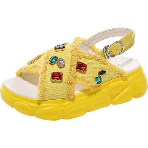 Sandals women 2019 Summer New Crystal Canvas Woman Sandals Rome Ladies Shoes Buckle Thick Sole Beach Sandal