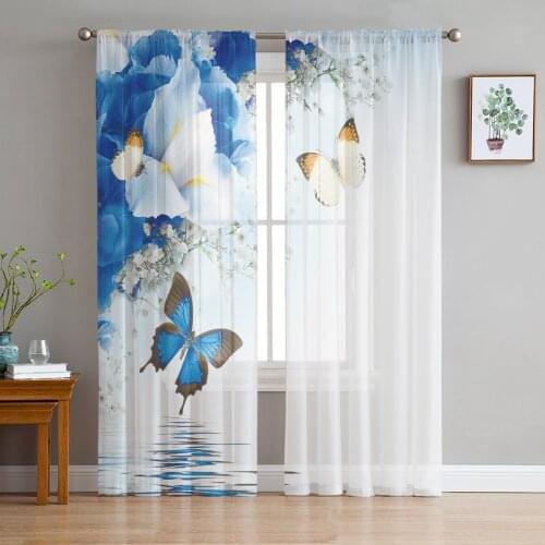 Lily Flowers Butterfly Water Surface Tulle Curtain Voile Transparent Tulle for Bedroom Living Room Kitchen Sheer Window Curtains
