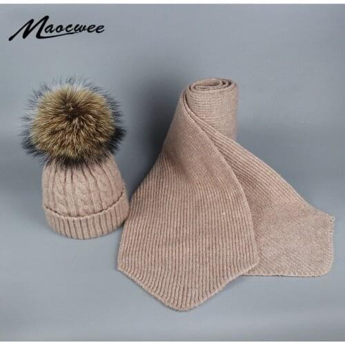 Knitted Scarf and Hat Set for Women and Children Luxury Winter Warm Crochet cap and scarves with Real Fur pompom Beanie Skullies