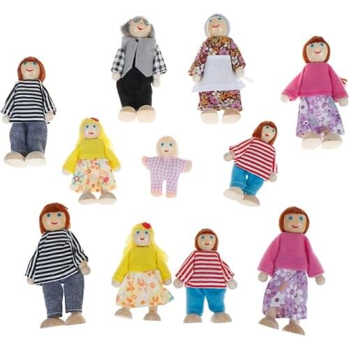 WOADA Small Wooden Toys Set Happy Dollhouse Family Dolls Figures Dressed Characters Children Playing Doll Gift Kids Pretend Toy