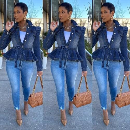 FNOCE 2021 new spring womens jeans jackets fashion trends casual personality solid long sleeve slim belt elegant denim coats