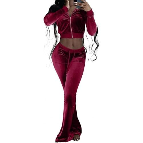 Exposed Navel Sporty Outfit Solid Color Tracksuit Zipper Closure Sweatshirt Flare Pants Set Gym Clothing 2 Piece Sets