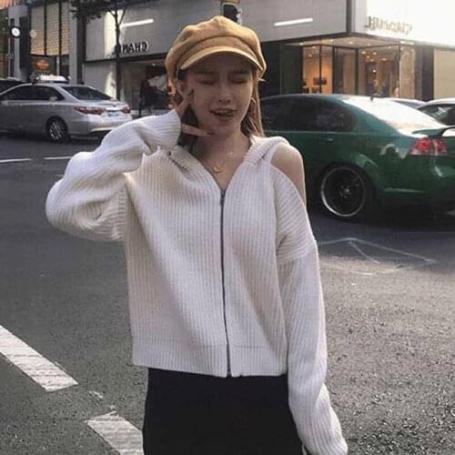 Women knitted hooded sweater korean fashion hollow out long sleeve zipper sweaters
