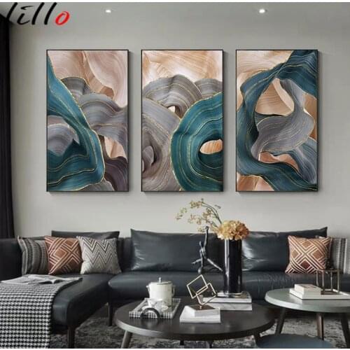 Gold lines green blue wavy geometric poster new chinese canvas print contemporary painting wall art home decor picture