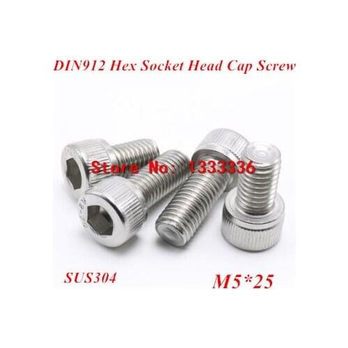 100pcs M5*25 Hex socket head cap screw, DIN912 304 stainless steel Hexagon Allen cylinder bolt, cup screws