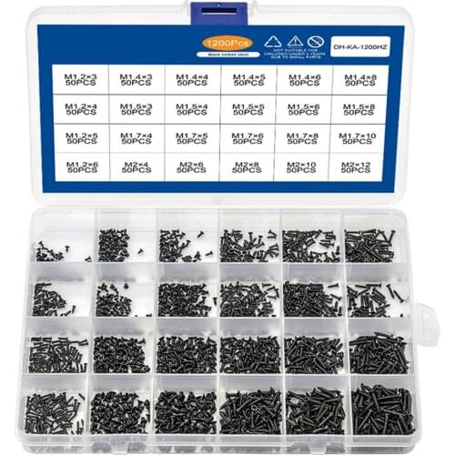 1200Pcs/Box M1.2 M1.4 M1.5 M1.7 M2 Black Cross Countersunk Head Tapping Screw Boxed Phillips Flat Screw Assortment Kit