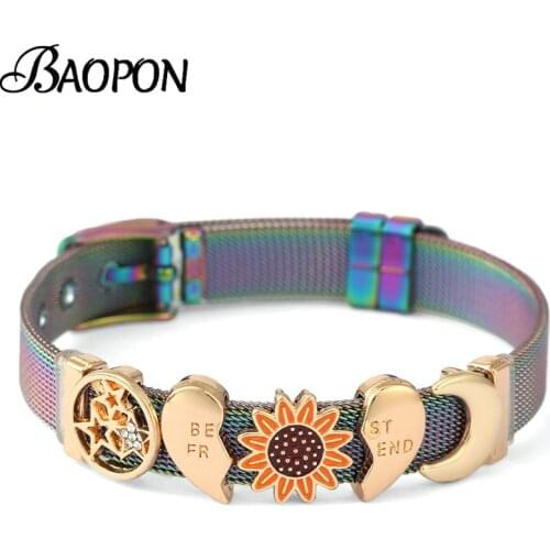 10mm Stainless Steel Mesh Bracelets With Moon Star Best Friend Charm Slide Beads Bracelets Bangles For Women Friend Jewelry Gift