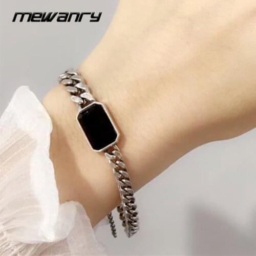 Mewanry 925 Sterling Silver Bracelet for Women Fashion Vintage Punk Hiphop Party Simple Black Zircon Chain Jewelry Birthday Gift
