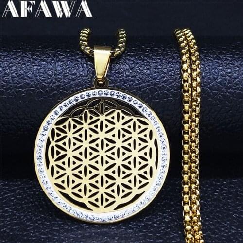 Yoga Flower of Life Stainless Steel Crystal Chain Necklaces Gold Color Women/Men Pendant Necklace Jewelry bijoux femme N4834S02