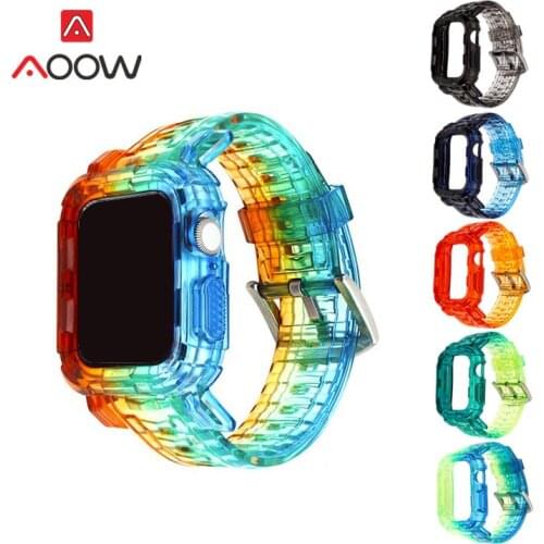 Colorful Resin Sport Strap for Apple Watch 4 5 6 38mm 42mm 40mm 44mm Transparent Replacement Band Protective Case for iwatch 123