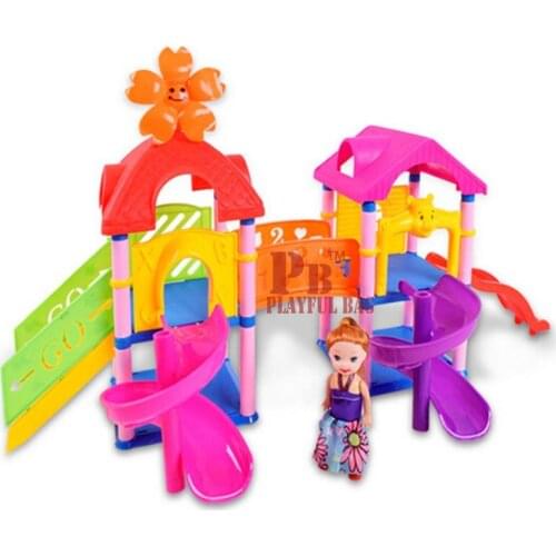 Childrens assembly paradise theme blocks small dolls slide pink high-grade color box Building blocks toys