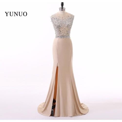 Champagne Sleeveless Scoop Neck Long Evening Dresses 2019 Sexy Side Slit Mermaid Beading Floor Length Evening Dress YN32203