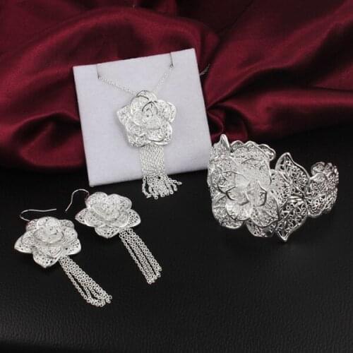 Hot 925 sterling Silver Jewelry sets big flower bangle earrings bracelet necklace for women fashion party wedding Christmas Gift