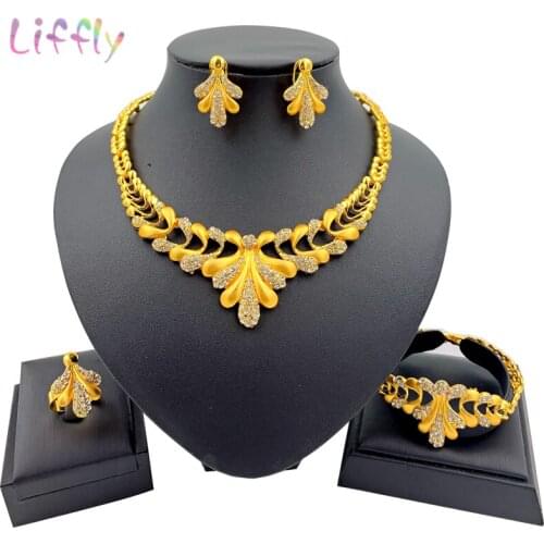 Indian Party Women Fashion Jewelry Sets Necklace Bracelet Crystal Jewelry Bridal Wedding Earrings Ring Jewelry Set