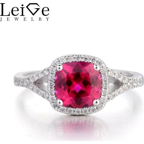 Leige Jewelry Red Gemstone Anniversary Ring Lab Ruby Ring 925 Sterling Silver Ring Cushion Cut July Birthstone for Her