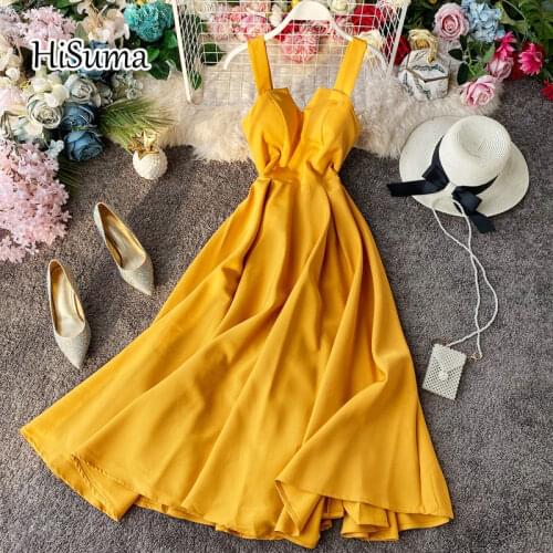 HISUMA 2021 summer new women chic strap V neck chiffon Bandage dress with Chest pad female sling elegant A-line dresses