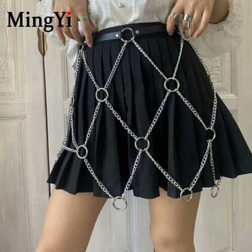 Fashion Punk Metal O Rings Mesh Chain Waist Belt Women Goth Sexy Body Cage Harness Belt MIni Skirt Accessories Club Party Wear