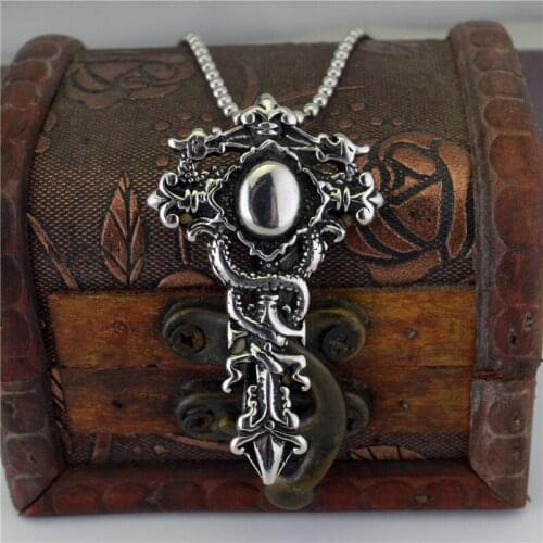 Retro Classic Double Dragon Drama Beads Pendant Fashion Men Stainless Steel Sword Pendant Necklace Trend Men Nightclub Jewelry