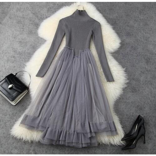 2020 autumn and winter womens new retro high neck pit striped knitted stitching mesh fake two-piece dress