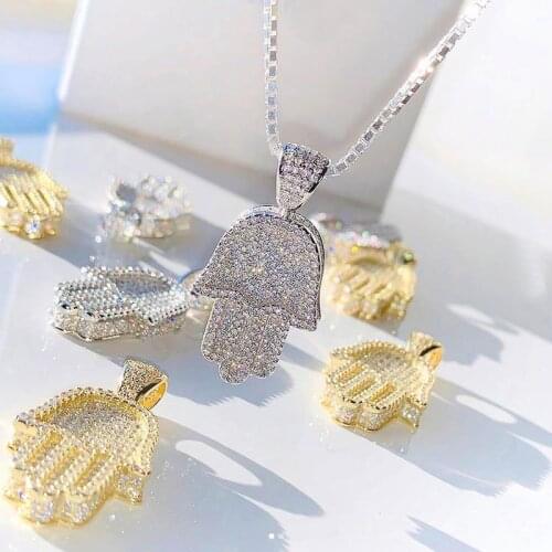 New Hand Of the Angel Fatima Pendant Choker Hip Hop Full Iced Out Cubic Zirconia Gold Sliver Color CZ Stone Necklace Women Men