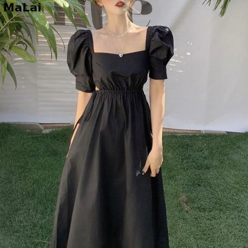 French Vintage Dress Female Evening Party Chic Women Casual Puff Sleeve One Piece Dress Korean Gothic Bandage Midi Black Dress
